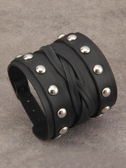 GelConnie Wide Leather Bracelet Thick Black Bracelet Leather Wrap Cuff Bracelet Mens Goth Leather Wristband Bracelet Wrist Cuffs Men