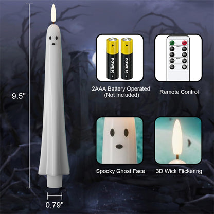 Eldnacele Ghost Halloween Flameless Taper Candles Battery Operated with Remote Timer Set of 2 White LED Flickering Candle Real Wax 3D Wick Long Lasting Spooky Dinner Indoor Decor(0.79" D x 9.5" H)