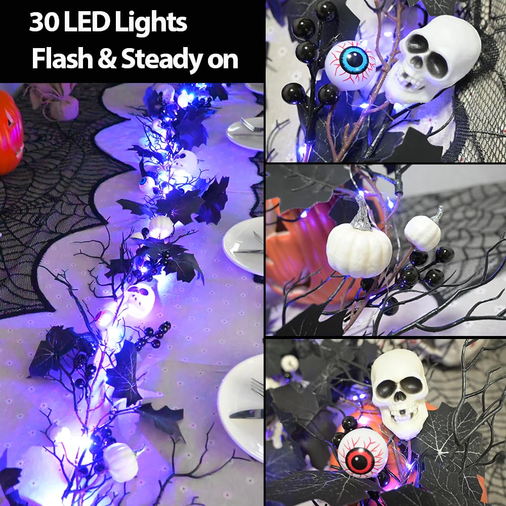 HamiFinee Halloween Garland Lights 6FT Battery Operated with Timer Pumpkins Eyeballs Skulls Berries Maple Leaves Dead Branch Black Garland for Fall Party Mantle Wall Home Indoor Halloween Decoration