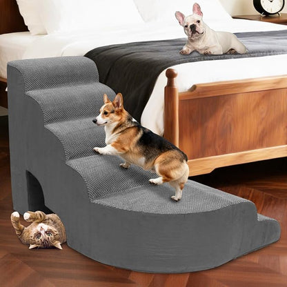 Dog Stairs for High Bed 28-32 Inches Tall, 6 Tier Non-Slip Pet Stairs Adjust to Left Side of Bed, Dog Steps for Small Dogs, Old Pets, and Injured Dogs, Gray