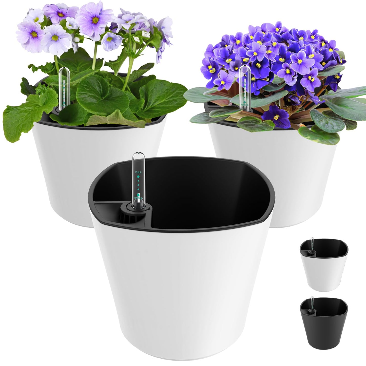 GS Garden 7 inch Plant Pots 3-Pack, Self Watering Flower Pots Indoor Outdoor, African Violet Pots Planters with Drainage Hole Saucer Reservoir, White