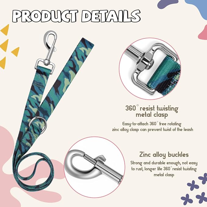 Print Patterned Dog Collar Leash Set, Adjusted Quick-Release Plastic Buckles and Heavy-Duty Steel D-Ring Nylon Collar Leash Set Strong Durable, Green Camo,S