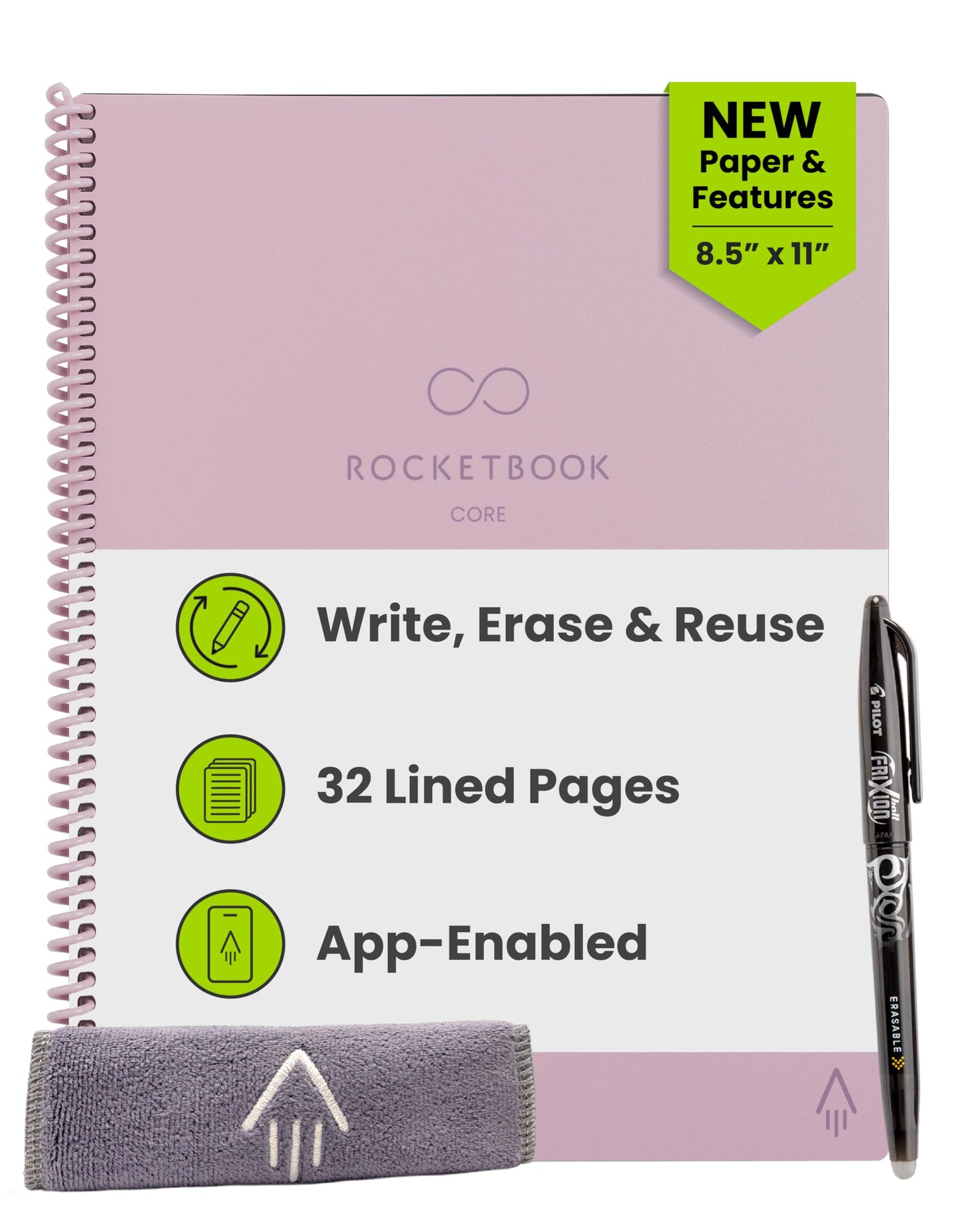Rocketbook Core Reusable Smart Notebook, Lined Pages For School, Work and Creative Projects, Letter Size 8.5x11, Pink - Premium