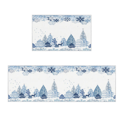 Christmas Winter Kitchen Rugs and Mats Set of 2 New Year Abstract Snowflake Elk Blue Xmas Kitchen Mat,Non-Slip Area Runner Rug,Washable Floor Mat for Home Dining Room Office 16x24in+16x47in