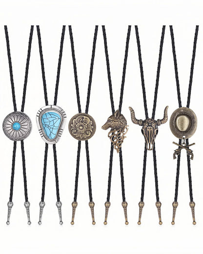 Subiceto 6Pcs Bolo Tie for Men Women Western Cowboy Natural Turquoise Tiger Eye Stone Handmade Shape Round Leather Necktie Vintage Native American Bola Tie Set Wolf