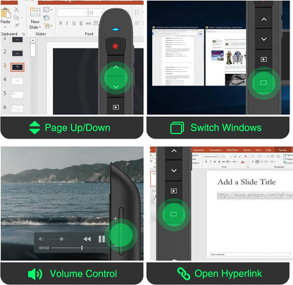 Green Light Clicker for Teachers–USB-C Rechargeable Presentation Clicker, Plug & Play Wireless Remote for PowerPoint/Keynote/Google Slides on Mac, Windows & Laptop, with Hyperlink & Volume Control
