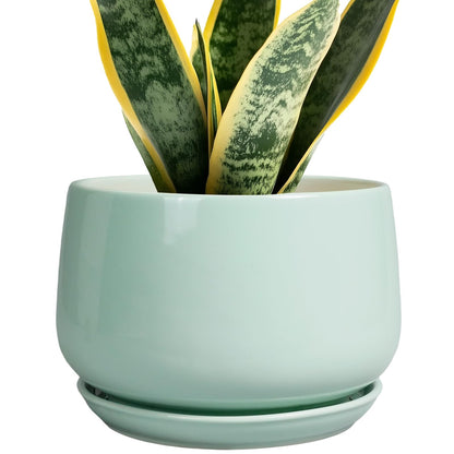 G EPGardening Ceramic Plant Pots - 7 Inch Planter for Indoor Outdoor Plants, Ceramic Planter with Drainage and Saucer, Round Modern Flower Pots, House Decor, Gift for Men Women, Green