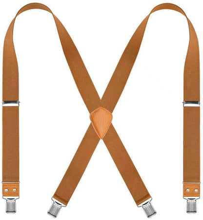 JRHEJTFZ Men's Suspenders 1.4" Wide Elastic X-Back Adjustable with 4 Metal Clips 43" Brown