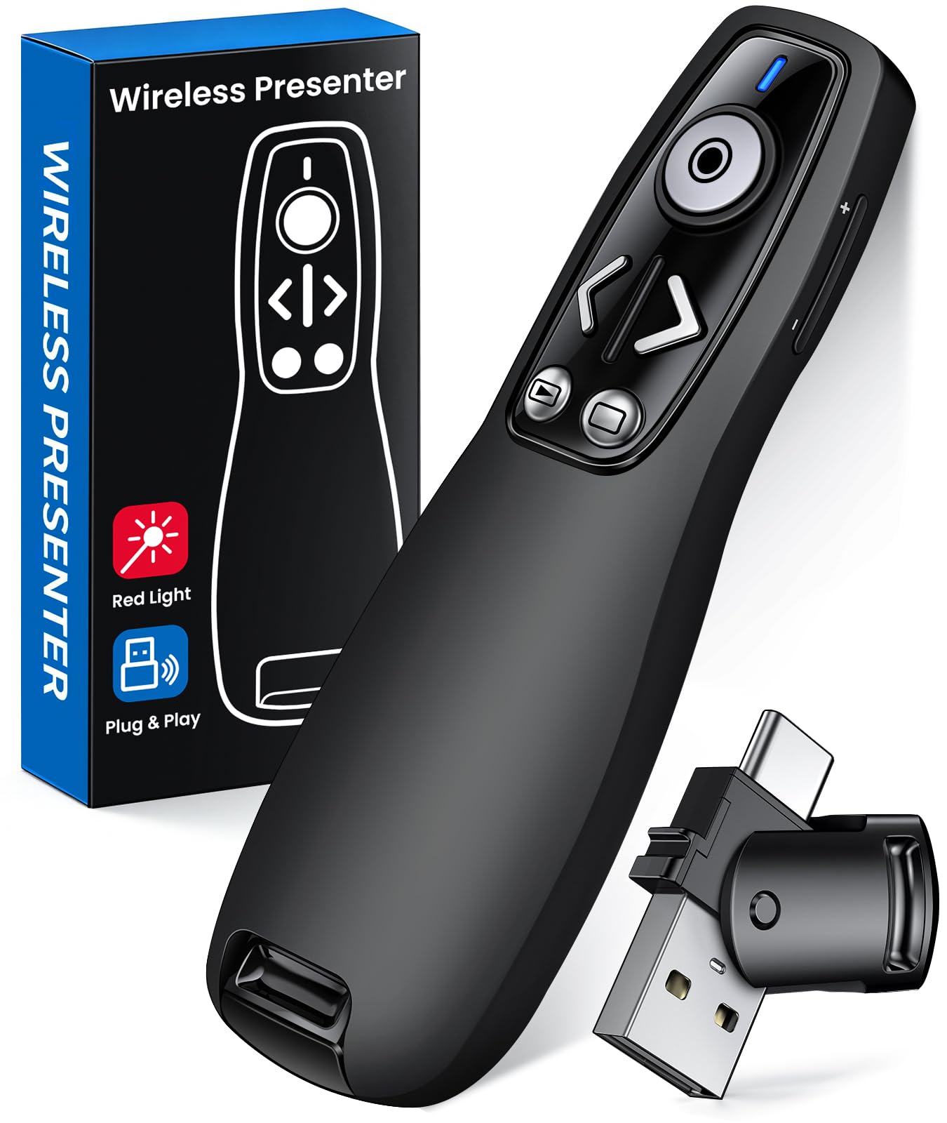 Presentation Clicker with USB-A & USB-C Receiver, 2.4GHz Wireless Presenter Remote with Volume Control & Red Light Pointer, Clicker for PowerPoint Slides Slide Advancer for Mac Computer, Plug & Play