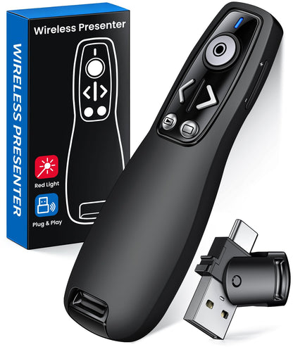 Presentation Clicker with USB-A & USB-C Receiver, 2.4GHz Wireless Presenter Remote with Volume Control & Red Light Pointer, Clicker for PowerPoint Slides Slide Advancer for Mac Computer, Plug & Play