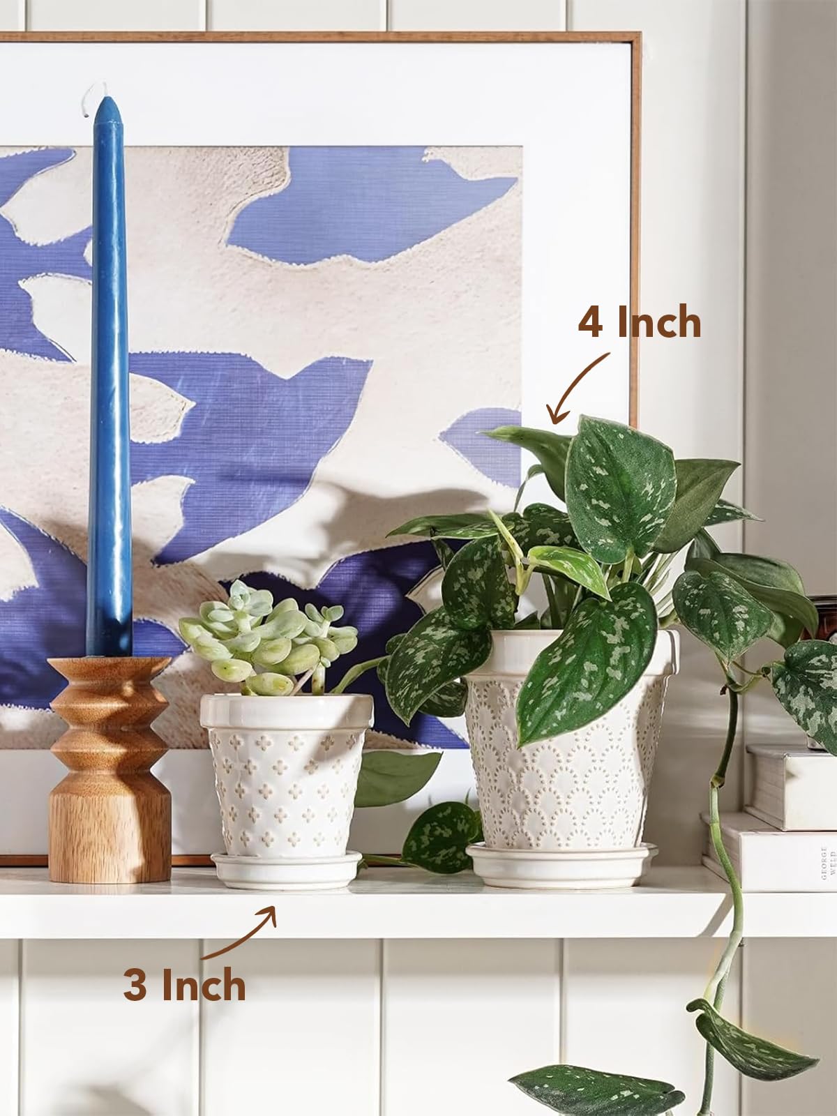 LE TAUCI Ceramic Succulent Pots, 4 Inch Small Plant Pot for Indoor Plant Cactus, Embossed Flower Pots with Drainage Hole & Saucer - Set of 4, Arctic White
