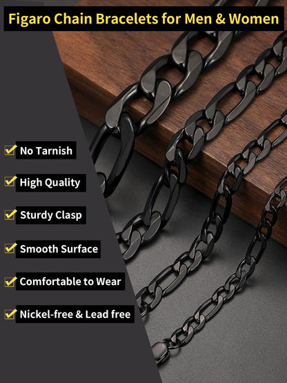 ChainsHouse Black Figaro Bracelet for Men Women, 13mm 7.5" Link Chain Bracelet Punk Hip Hop Jewelry Stainless Steel Figaro Bracelets