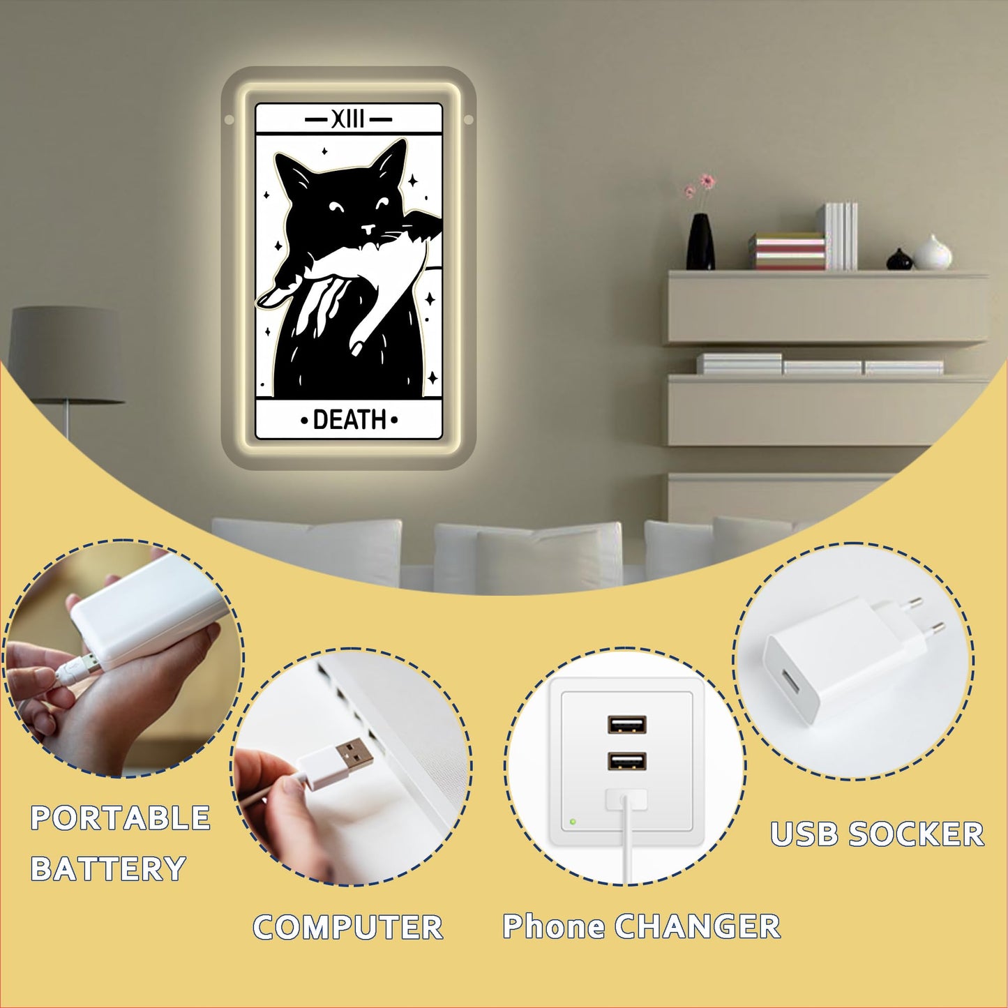 Tarot Card Neon Sign, Death Tarot LED Halloween Neon Light Sign USB Powered, for Gothic Bedroom Game Room Black Cat Party Man Cave Decor, Birthday Gifts(11.8 * 7.4 In)