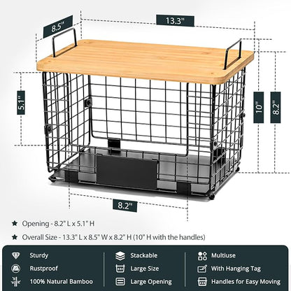 1 Pack Stackable Storage Trash Bag Baskets with Bamboo Top, Large & Standard Trash, Garbage Bag Holder Dispenser, Multiuse Basket for Kitchen Pantry Cabinet Counter Under Sink Laundry Organizing