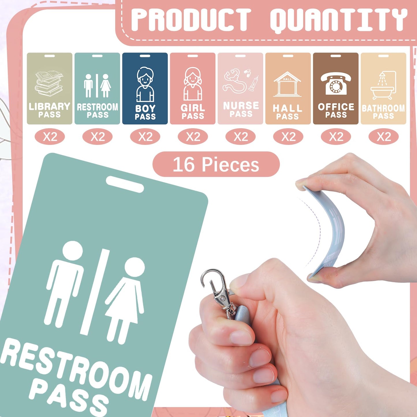 Fuyoooo 16 Set Boho Hall Pass Lanyards Unbreakable PVC Classroom Passes with Lanyards Boho Classroom School Teacher Supplies Bathroom Boy Girl Library Hall Office Nurse Pass