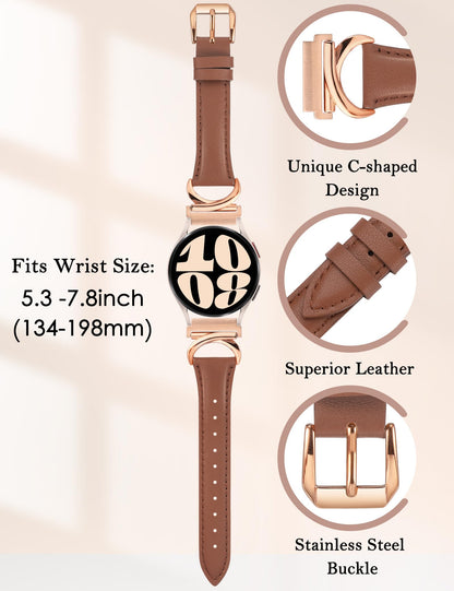 Minyee Leather Bands Compatible with Samsung Galaxy Watch 7/6/5/4/FE/Active 2 40mm 44mm/Watch 6 Classic 43mm 47mm/Watch 5 Pro 45mm Band, 20mm Slim Dressy Leather Strap with C-Shape Metal Buckle Women