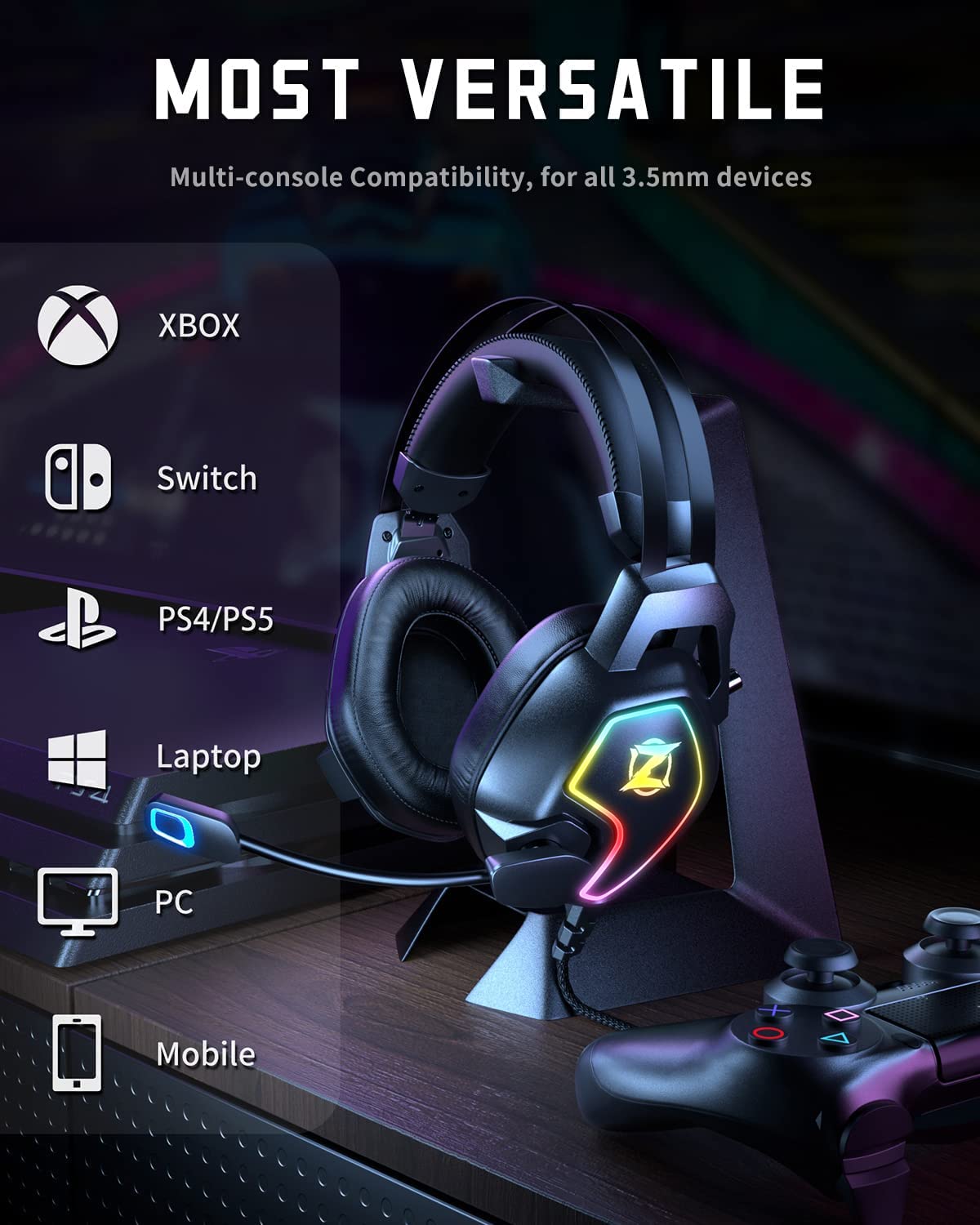 Gaming Headset for Xbox One Series X/S Ps5, Ps4, PC Switch, Noise Canceling Headphones with Microphone, 3.5mm Audio Jack, Auto-Adjust Headband