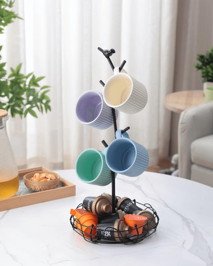 Ouseen Coffee Mug Holder for Countertop, Mug Tree with Bird's Nest Storage Basket, Holds 4 Large Mugs (20oz Compatible), Whimsical Kitchen Decor, Coffee Bar Accessories (Black)