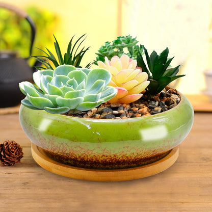 MDEOOSKY 6.14inch Round Pot with Dragon Hole, Ceramic Shallow Plant Pot Succulent Pots 18.5 * 5.8cm with Bamboo Mat