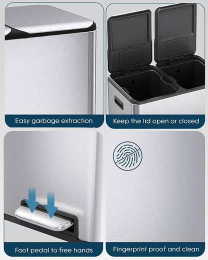 ComfyCorner 16 Gal (2 x 30 L) Dual Trash Can, Stainless Steel Kitchen Garbage Bin, Recycle Dustbin with Odor Control Box, Soft-Close Lid, Inner Buckets, Side Handle, Step Pedal, for Home Office