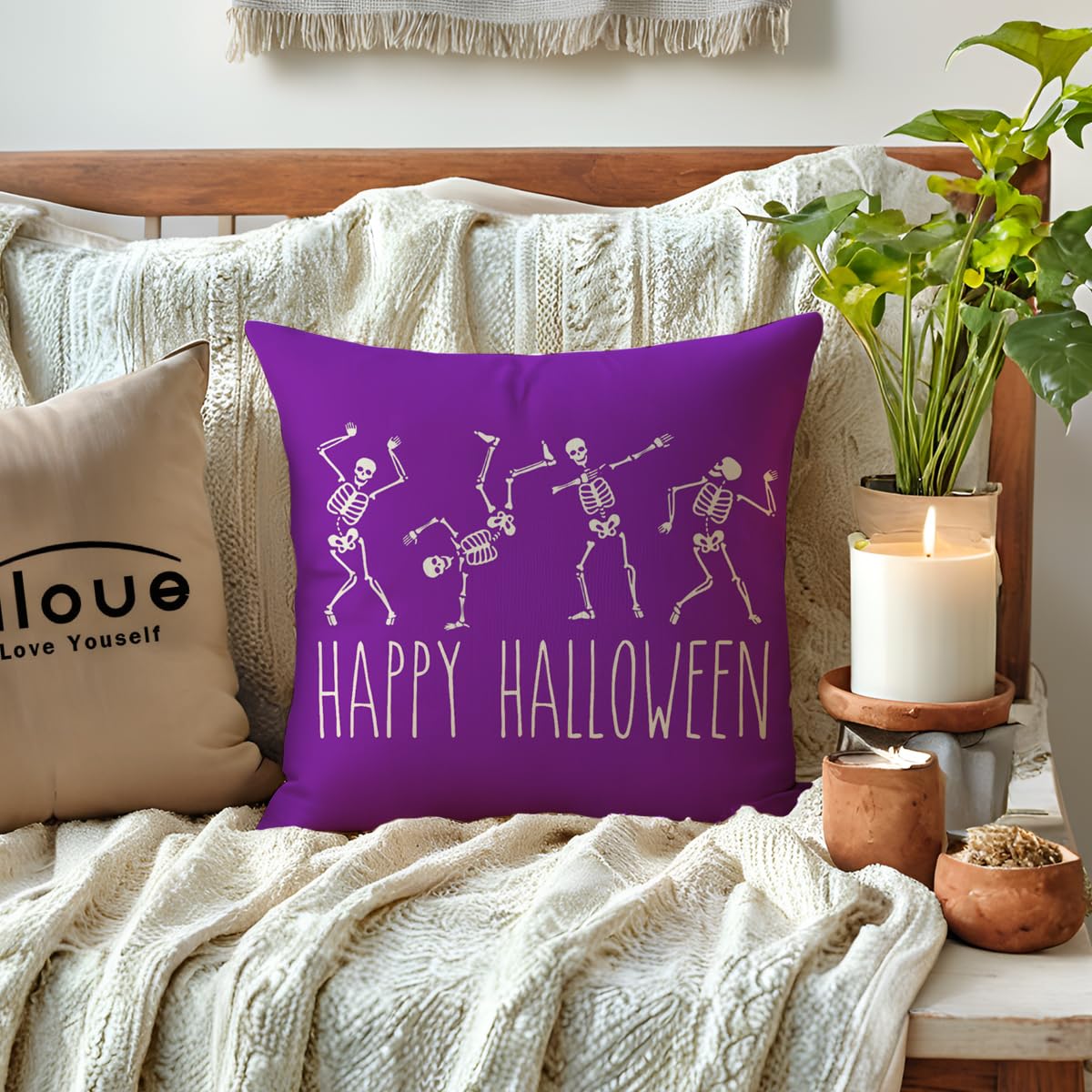 ULOVE LOVE YOURSELF 2pack Halloween Skeleton Decor Pillow Covers 18x18 Inch Happy Halloween Skull/Boo Cushion Covers Farmhouse Funny Skull Decorative Pillowcases for Sofa/Couch/Porch(Purple)