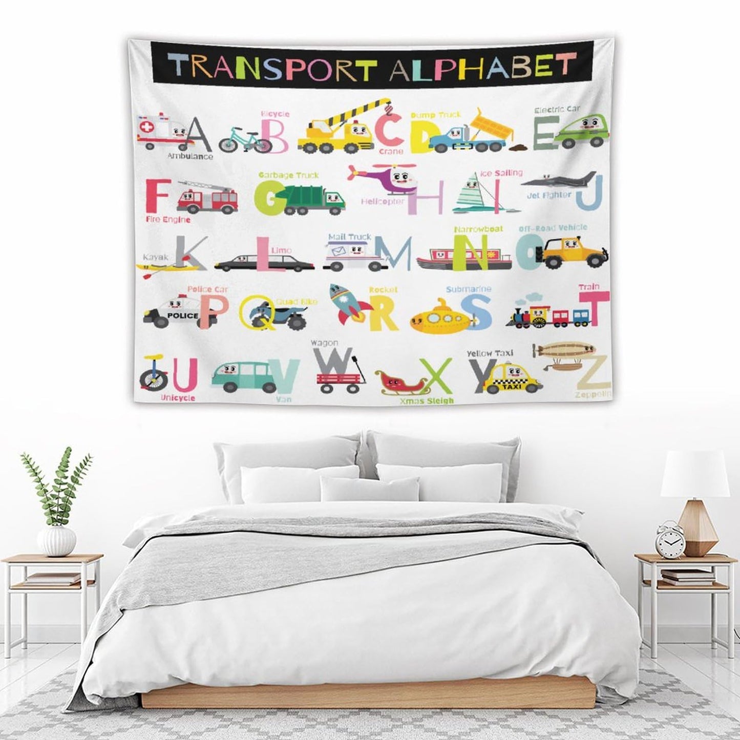 DDCBNS Cartoon ABC Alphabet Tapestry for Kids Boys Girls,Cute Car Plane Funny Transportations Print Educational Tapestry Wall Hanging Home Décor for Study Nursery Bedroom Living Room 80" x 60"