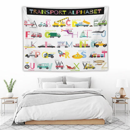 DDCBNS Cartoon ABC Alphabet Tapestry for Kids Boys Girls,Cute Car Plane Funny Transportations Print Educational Tapestry Wall Hanging Home Décor for Study Nursery Bedroom Living Room 80" x 60"
