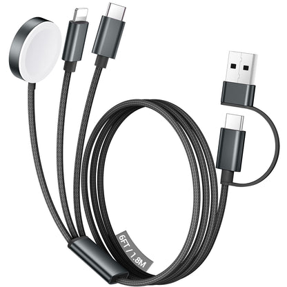 Temdan for Travel Vacation Essentials,3 in 2 USB C Cable for Apple Watch Charger/iPhone 17 Charger/Lightning,Multi Charging Cable Cord,Camping Essentials,Designed for iWatch &iPhone 16-12-5FT Purple