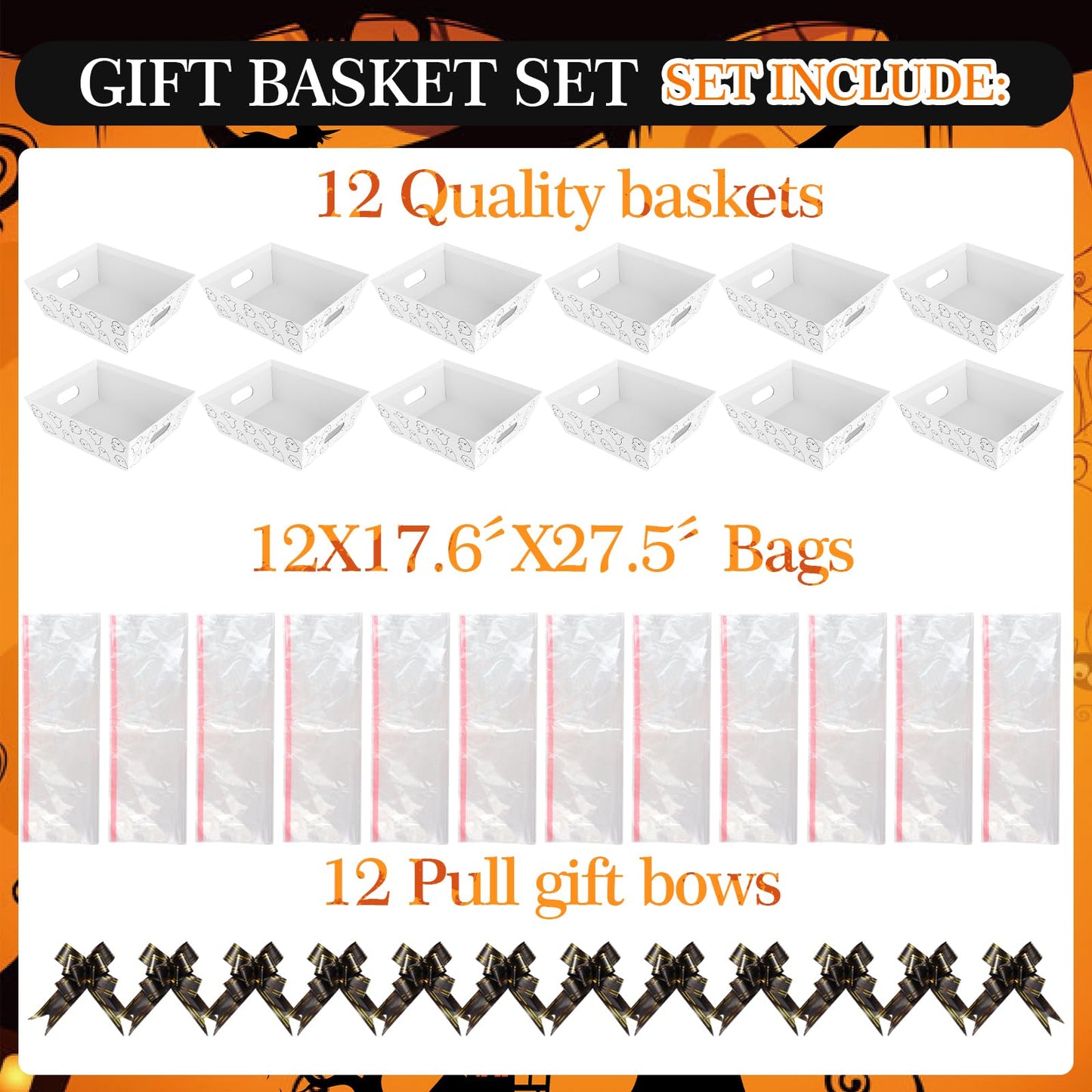 Kolewo4ever 36Pcs 12 Pack Halloween Basket Boo Basket Set 8x10inch Ghost Baskets for Gifts Empty to Fill with Baskets Empty Bags Pull Bows for Halloween Holiday