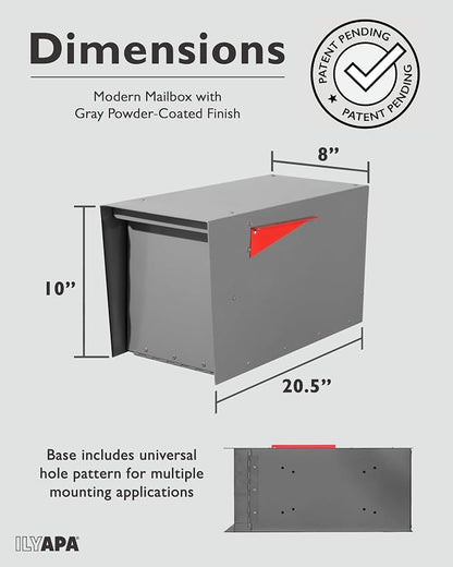 Ilyapa Modern Mailbox for Post Mount - Gray with Gray Door Powder Coated Steel, Waterproof Letter Box for Parcels, with Recessed Magnetic Close Door