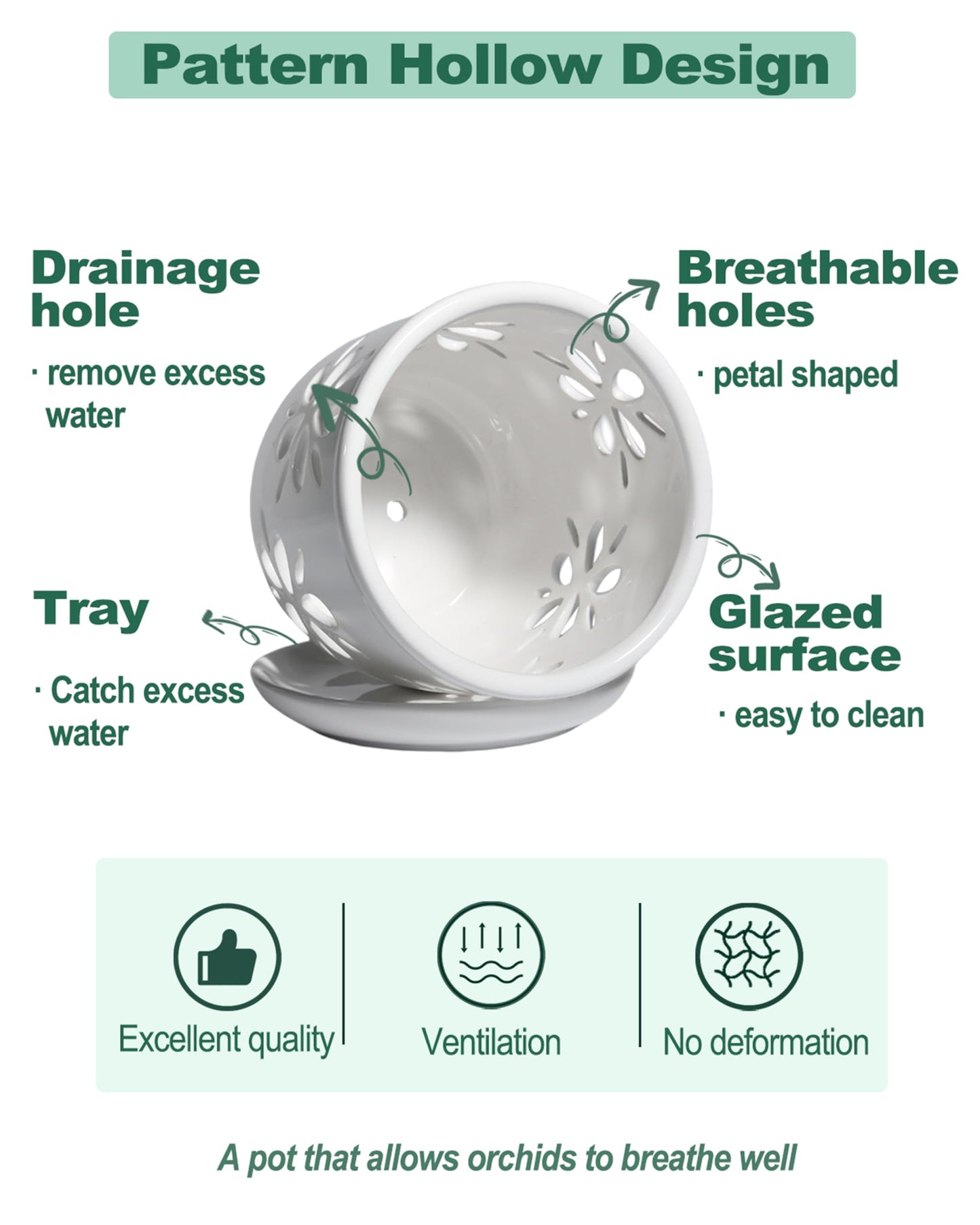 vensovo 5+6 Inch Orchid Pot with Holes and Saucer - White Ceramic Orchid Planter for Repotting, Flower Pot for Indoor/Outdoor Plants (2 Packs)