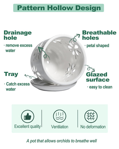 vensovo 5+6 Inch Orchid Pot with Holes and Saucer - White Ceramic Orchid Planter for Repotting, Flower Pot for Indoor/Outdoor Plants (2 Packs)