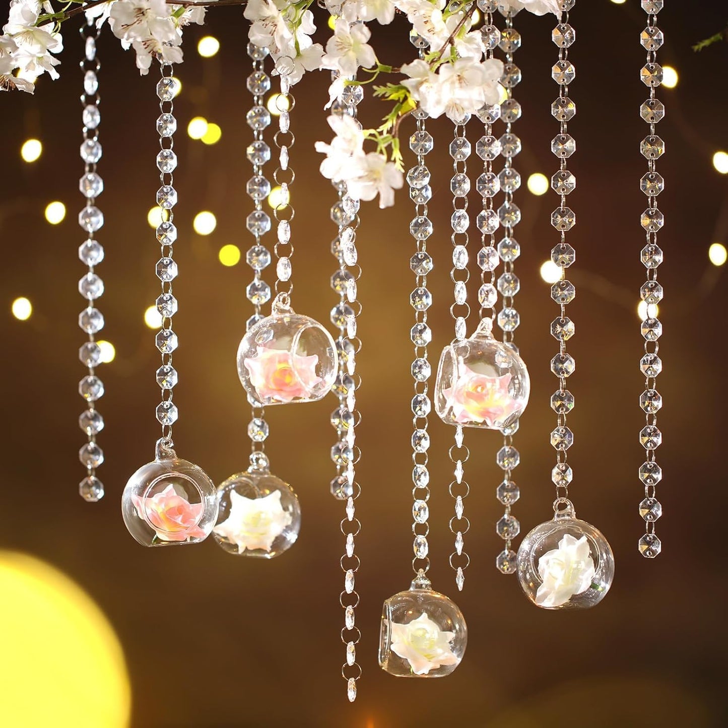 Yoande 12 Sets Hanging Candle Holder Wedding Glass Globe with Acrylic Gems Bead Garland Hanging Tea Light Candle Holder Orbs Container for Flower Plant Micro Landscape DIY Party Tree Decor 2.36 Inch