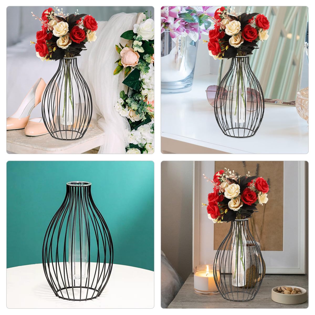 PACKOVE Iron Frame Vase and Glass Propagation Station with Geometric Metal Stand, Hydroponic Plant Holder for Nordic Home Décor, Tabletop Flower Terrarium for Indoor Gardening