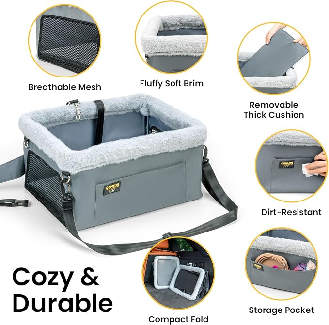 Conlun 2-Pack Dog Car Seat Boosters for Small Pets Under 20lbs, Portable Travel Puppy Car Seats with Internal Steel Frame, Comfort Cushions & Storage Pockets, Grey