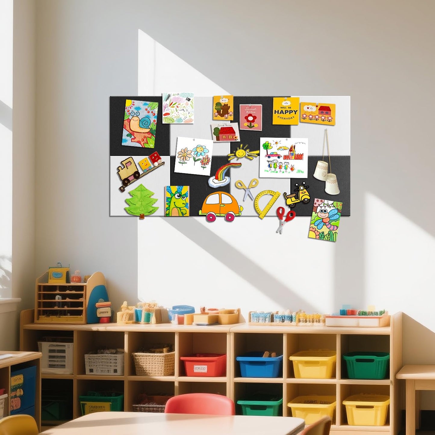 TSJOFFICE Large Cork Board for Wall - 48" x 24" Bulletin Board with 30 Pushpins for Office Decor, Pin Board 8 Pack Felt Tiles with Safe Removable Adhesive Tabs, Corkboard for Home - Black & White