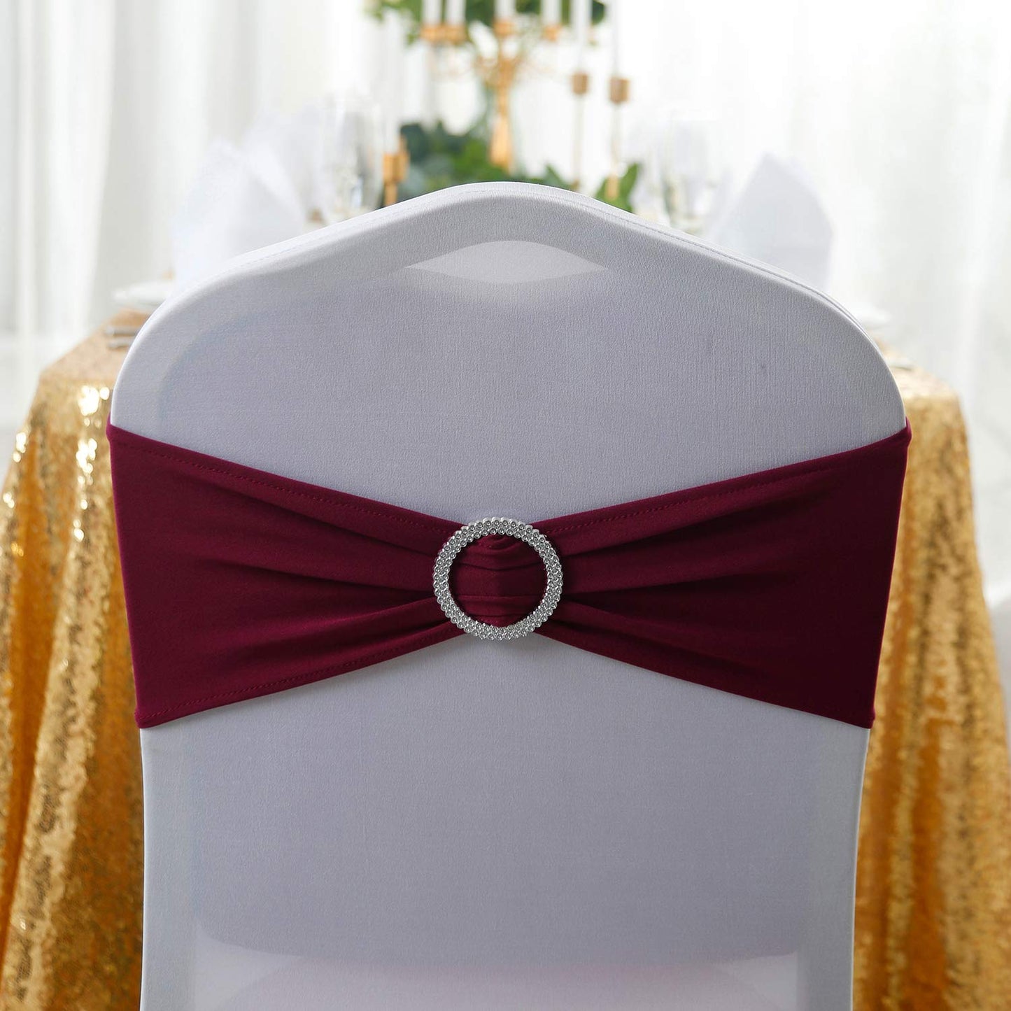 Peomeise 50pcs Burgundy Spandex Chair Sashes with Buckle Slider for Wedding, Party Decoration