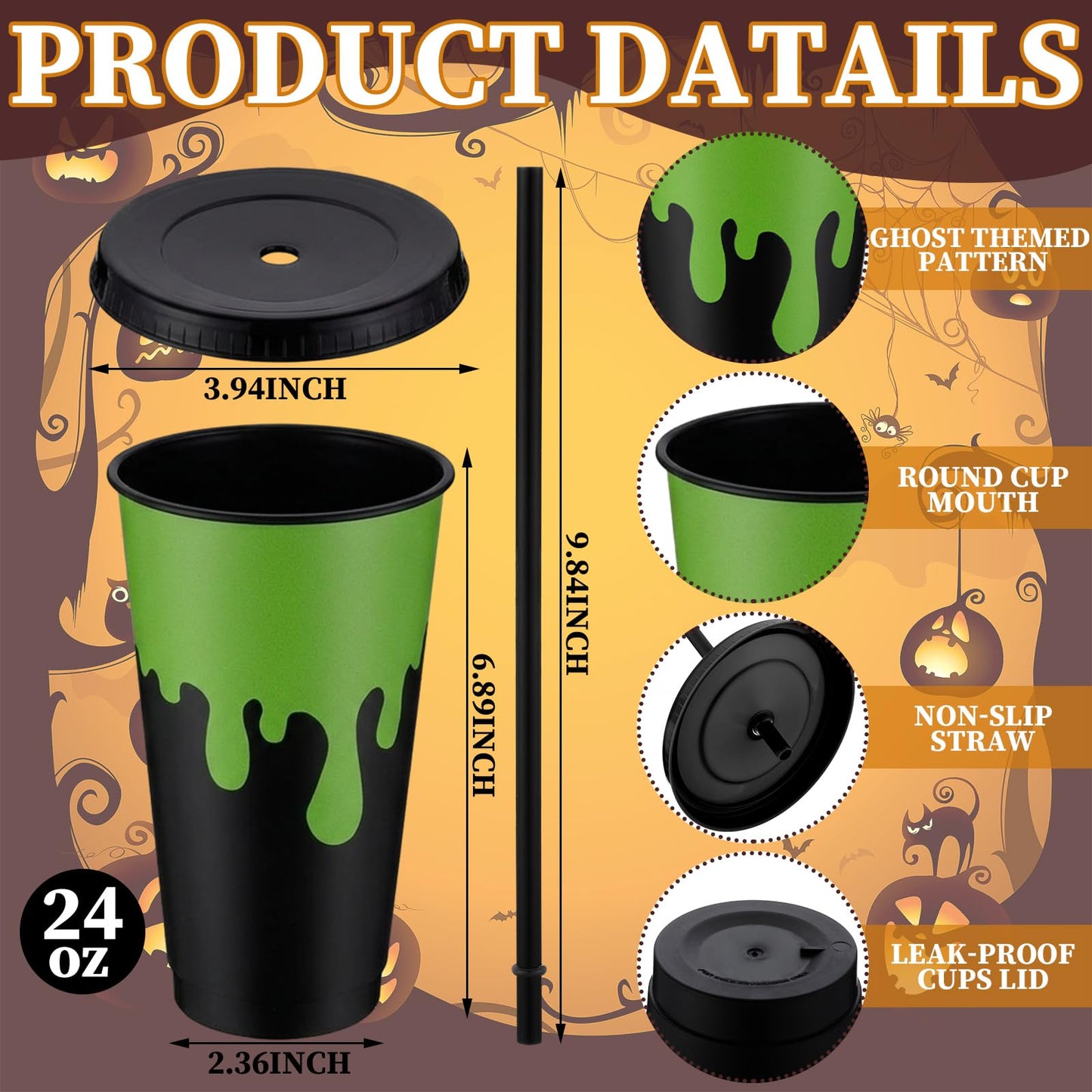 Acellegic 12 Pcs Halloween Party Decorations Green and Black Plastic Gifts Cups with Lids and Straws Reusable 24 oz Ghost Plastic Tumblers Bulk for Halloween Birthday Party Favors Decoration Supplies