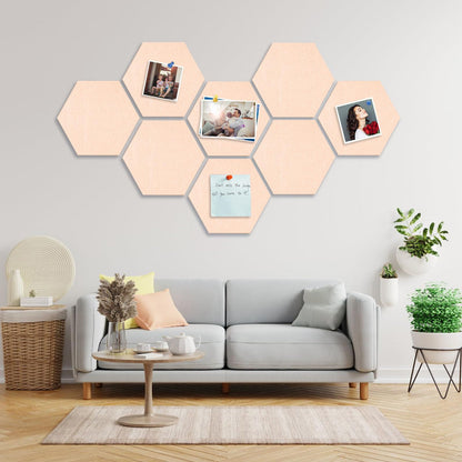 8 Packs Champagne Hexagon Felt Pin Board, 12" Bulletin Board with 30 Push Pins, Felt Board for Home Kitchen Office Decor, Self-Adhesive Corkboard Tiles for Walls School Message Photos Memos