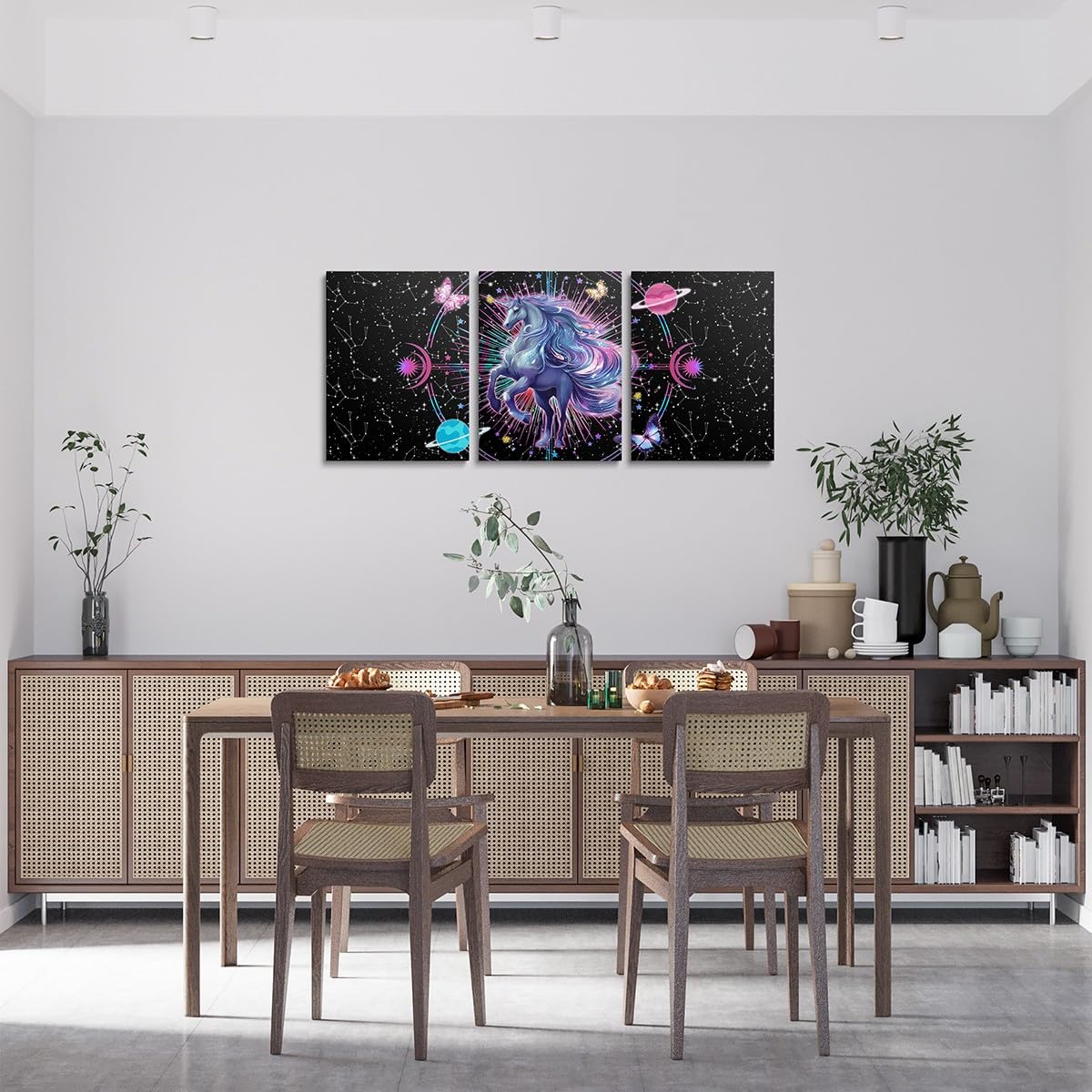 Feelyou Galaxy Unicorn 3 Piece Canvas Wall Art for Living Room Bedroom Solar System Wall Art for Home Decor Sun Moon Office Wall Decor Space Outer Sky Wall Painting