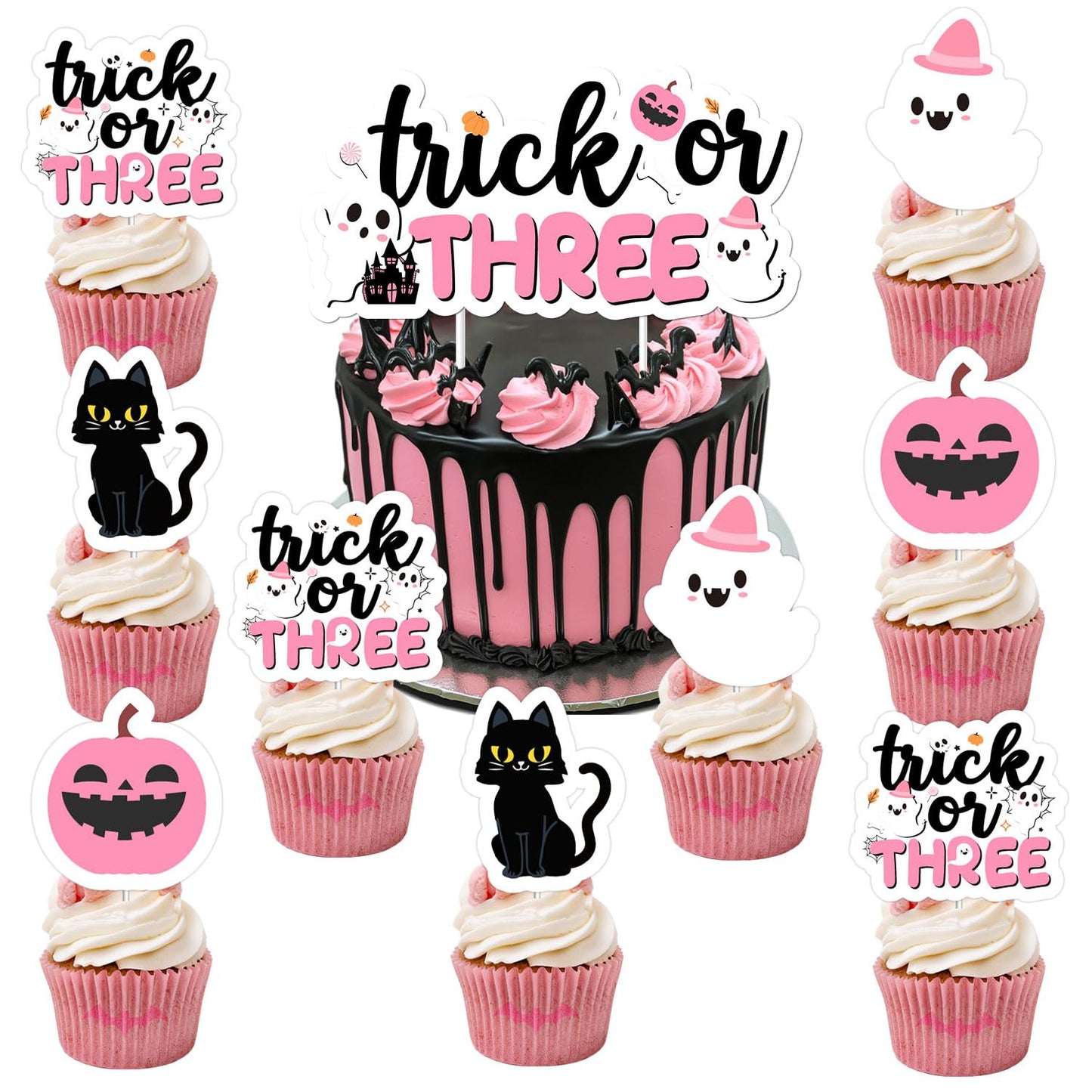 Trick or Three Cake Cupcake Toppers Pink Halloween 3rd Birthday Party Decorations Boo Ghost Pumpkin Bats Cake Decor Double-Sided Printing for Girls Third Booday Party Decor Supplies