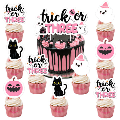 Trick or Three Cake Cupcake Toppers Pink Halloween 3rd Birthday Party Decorations Boo Ghost Pumpkin Bats Cake Decor Double-Sided Printing for Girls Third Booday Party Decor Supplies