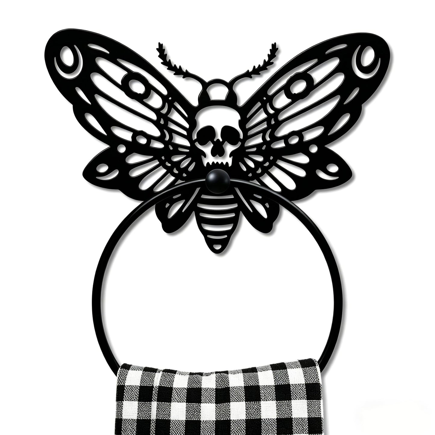 MAYJOYDIY Death Head Moth Metal Towel Ring Halloween Skeleton Insects Towel Holder Bath Towel Ring Black Art Towel Rack for Bathroom Kitchen Towel Hanger Home Decors Gift