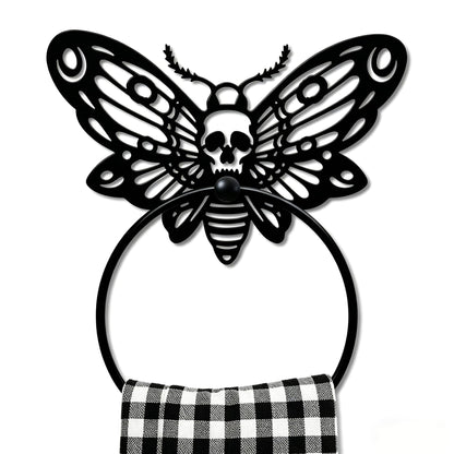 MAYJOYDIY Death Head Moth Metal Towel Ring Halloween Skeleton Insects Towel Holder Bath Towel Ring Black Art Towel Rack for Bathroom Kitchen Towel Hanger Home Decors Gift
