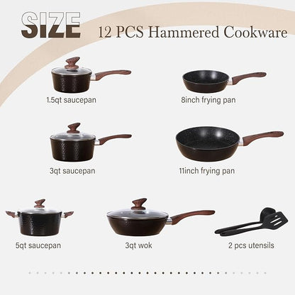 Kitchen Academy 12Pcs Nonstick Induction Pots and Pans Set, Hammered | Premium black healthy cookware for everyday cooking. Even heating, easy to clean. Stay-cool handles. 100% PFOA & PFAS free.