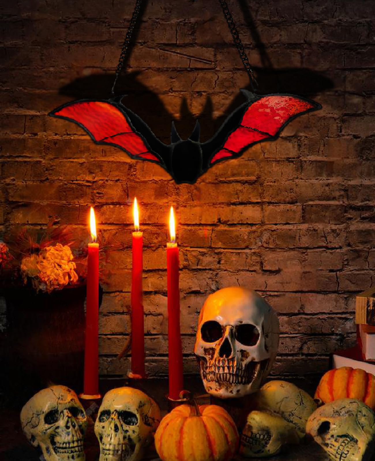 Bat Stained Glass Sun Catcher Window Hanging, Handmade Translucent Decorative Art, Halloween Home Decor (red)