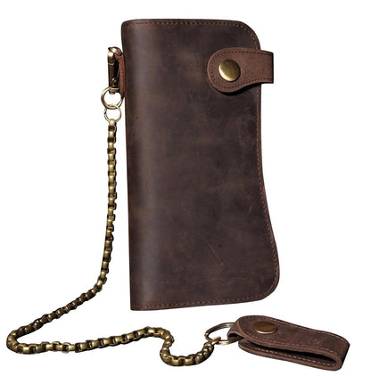 RS Mens Wallet with Chain Leather Long Bifold Trucker Wallet Vintage Biker Money Clip with Zipper(Brown w/Iron Chain)