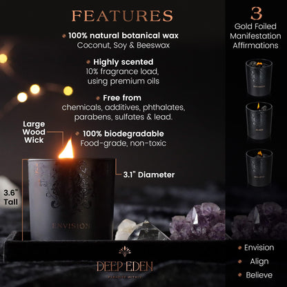 Black Orchid & Pine Moss Scented Crystal Candle - Luxury Manifestation Candle with Smoky Quartz and Clear Quartz Crystals - 7.4oz Natural Soy, Coconut & Beeswax, Wood Wick