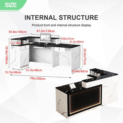 Modern Reception Desk with Counter and Drawer Office Front Desk with Cabinet Wooden Commercial Reception Table Checkout Counter for Retail Salon Lobby White and Black Right 79inch/200cm