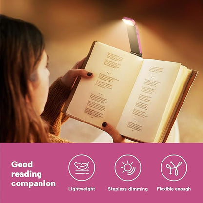 86lux Book Light, Rechargeable Reading Lights for Books in Bed, Ultralight Clip-on LED Bookmark Lamp with 3 Amber Colors & Stepless Dimming for Night Reading for Book Lovers, Kids, Hot Pink